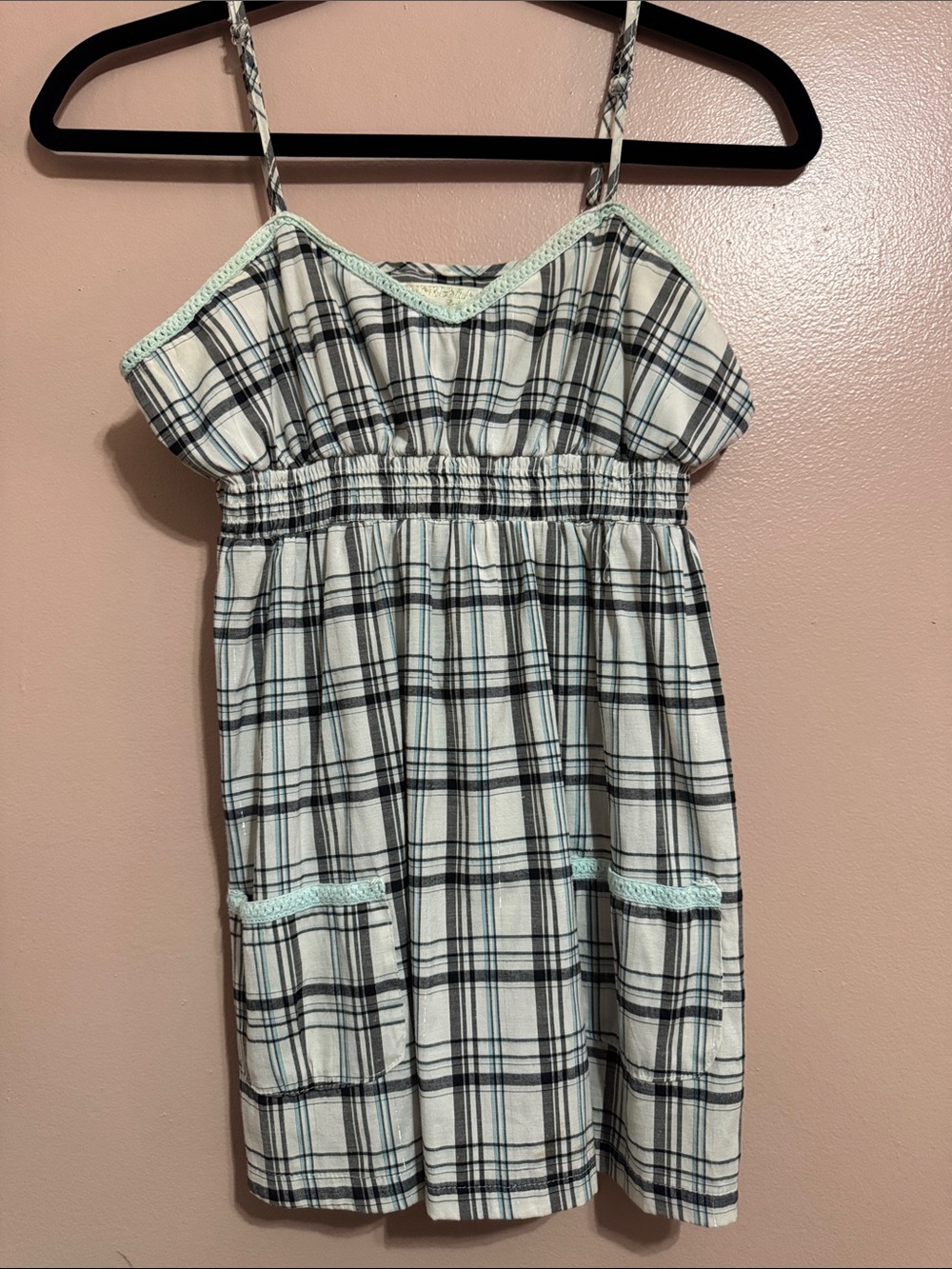 Cuban Plaid Spaghetti-Strap Top with Mint Trim